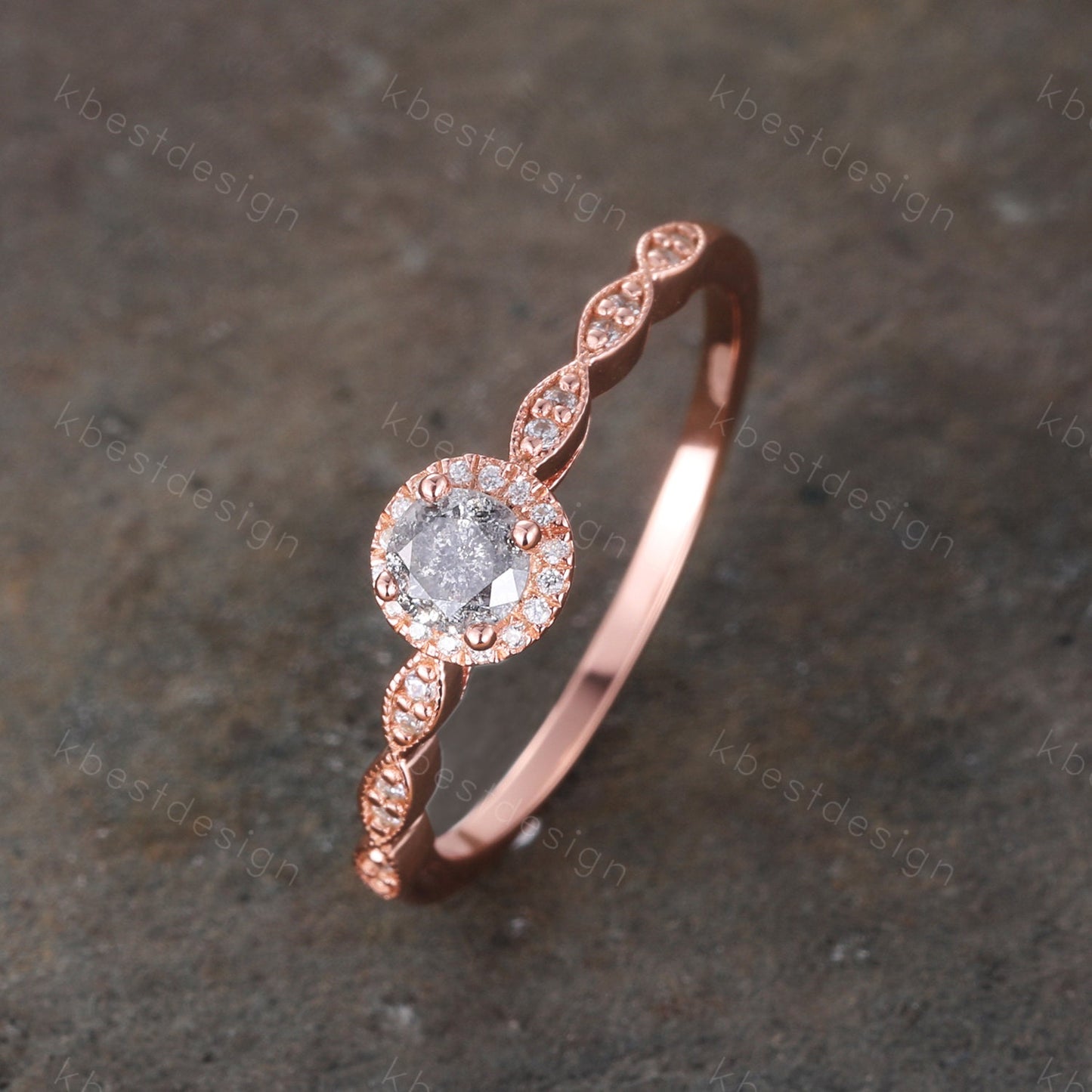 Vintage Salt and Pepper Diamond Engagement Ring Rose Gold Ring Dainty Halo Wedding Ring Art deco Wedding Ring Bridal Anniversary Ring