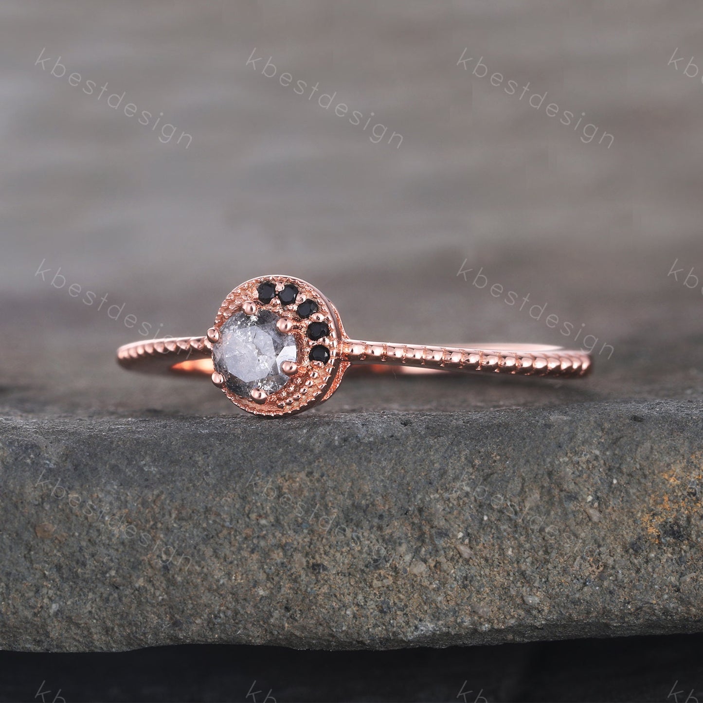 Vintage Salt and Pepper Diamond Engagement Ring Black Diamond Ring Unique Wedding Ring Rose Gold Ring Round Shaped Bridal Ring Promise Ring