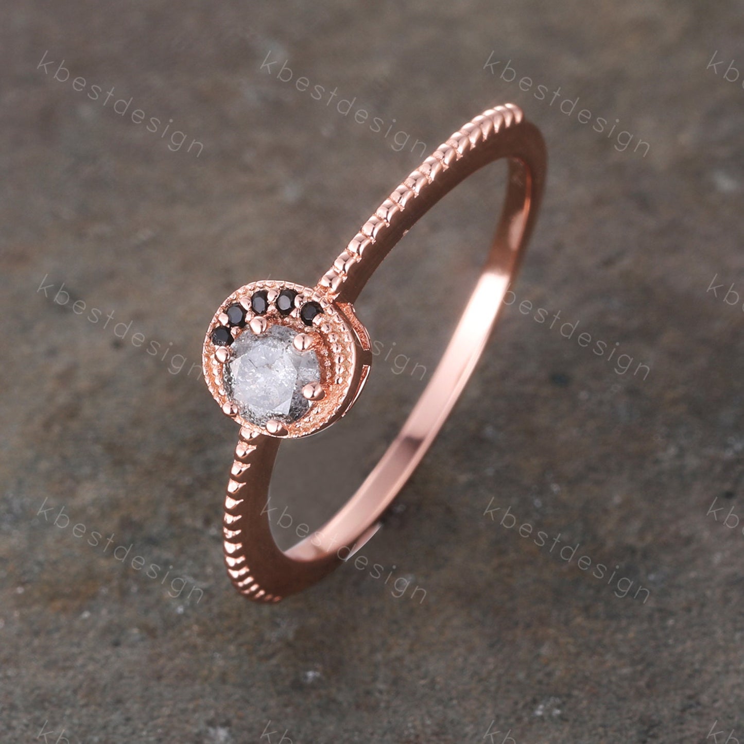 Vintage Salt and Pepper Diamond Engagement Ring Black Diamond Ring Unique Wedding Ring Rose Gold Ring Round Shaped Bridal Ring Promise Ring