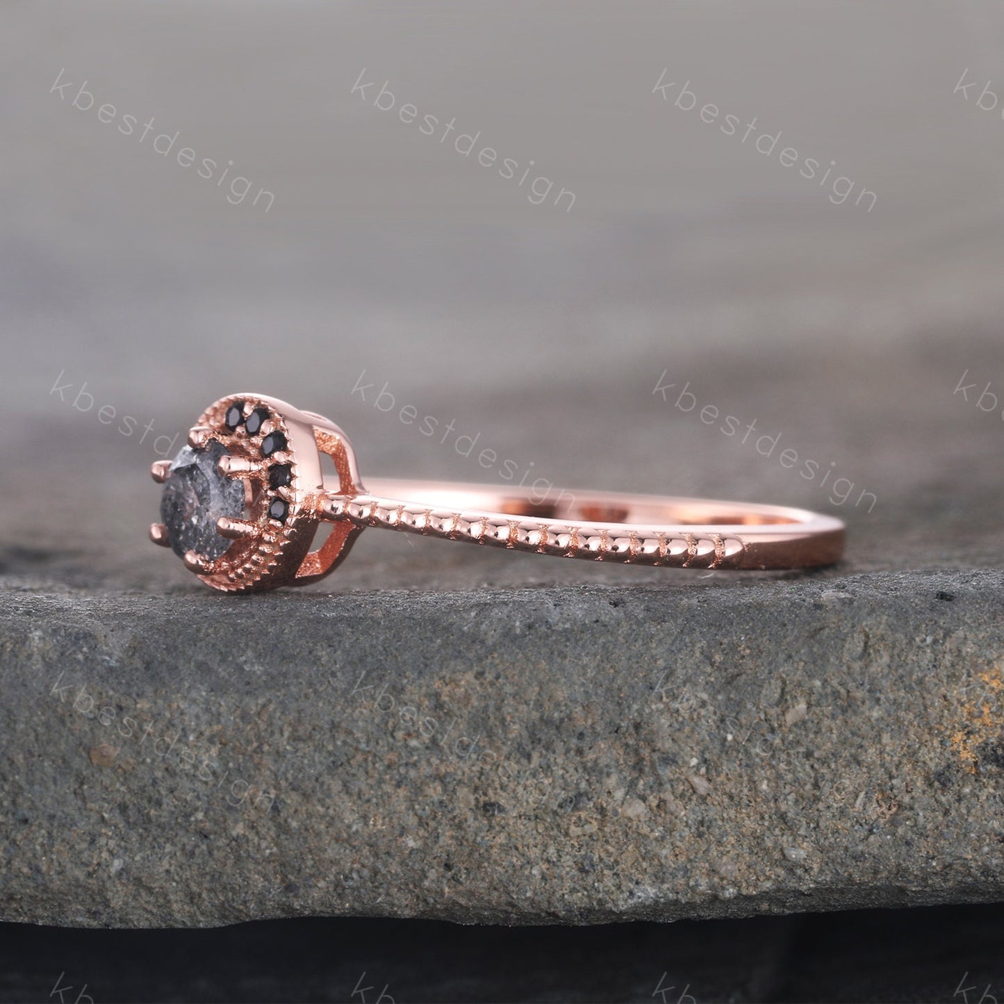 Vintage Salt and Pepper Diamond Engagement Ring Black Diamond Ring Unique Wedding Ring Rose Gold Ring Round Shaped Bridal Ring Promise Ring