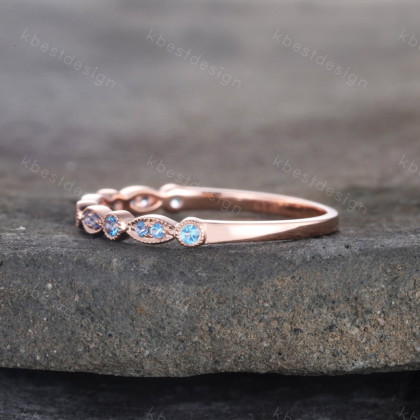 Blue Topaz Wedding Ring, Art deco Wedding Band, December Birthstone Ring, Half Eternity Band, Stacking Matching Band, Anniversary Gift