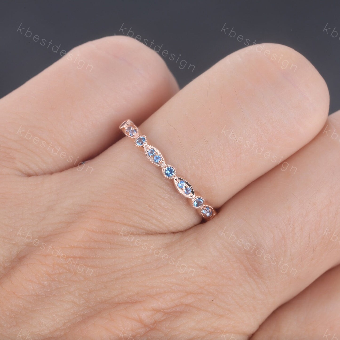 Blue Topaz Wedding Ring, Art deco Wedding Band, December Birthstone Ring, Half Eternity Band, Stacking Matching Band, Anniversary Gift