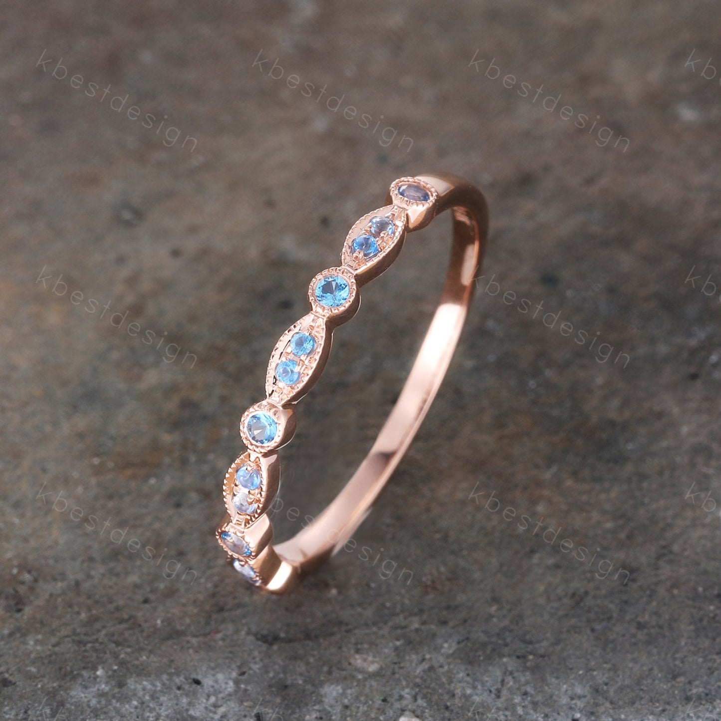 Blue Topaz Wedding Ring, Art deco Wedding Band, December Birthstone Ring, Half Eternity Band, Stacking Matching Band, Anniversary Gift