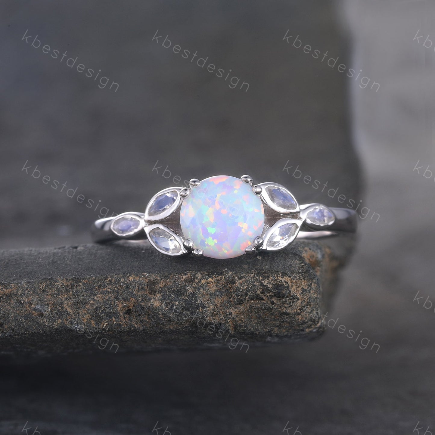 Vintage Opal Engagement Ring Marquise cut Moonstone Stone Ring White Gold Opal Ring Opal Rings for Women Promise Anniversary Ring