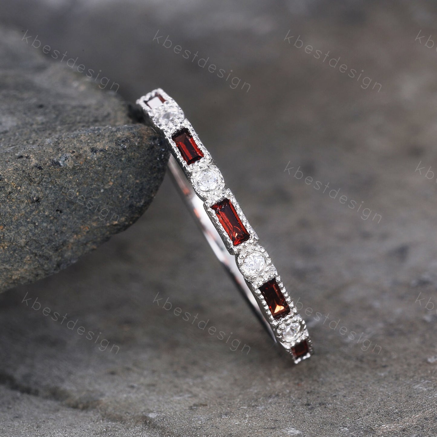 Garnet Ring, Baguette Garnet Wedding Band, Art Deco Half Eternity Band, January Birthstone Ring, Gemstone Band, Anniversary Gift, Sliver