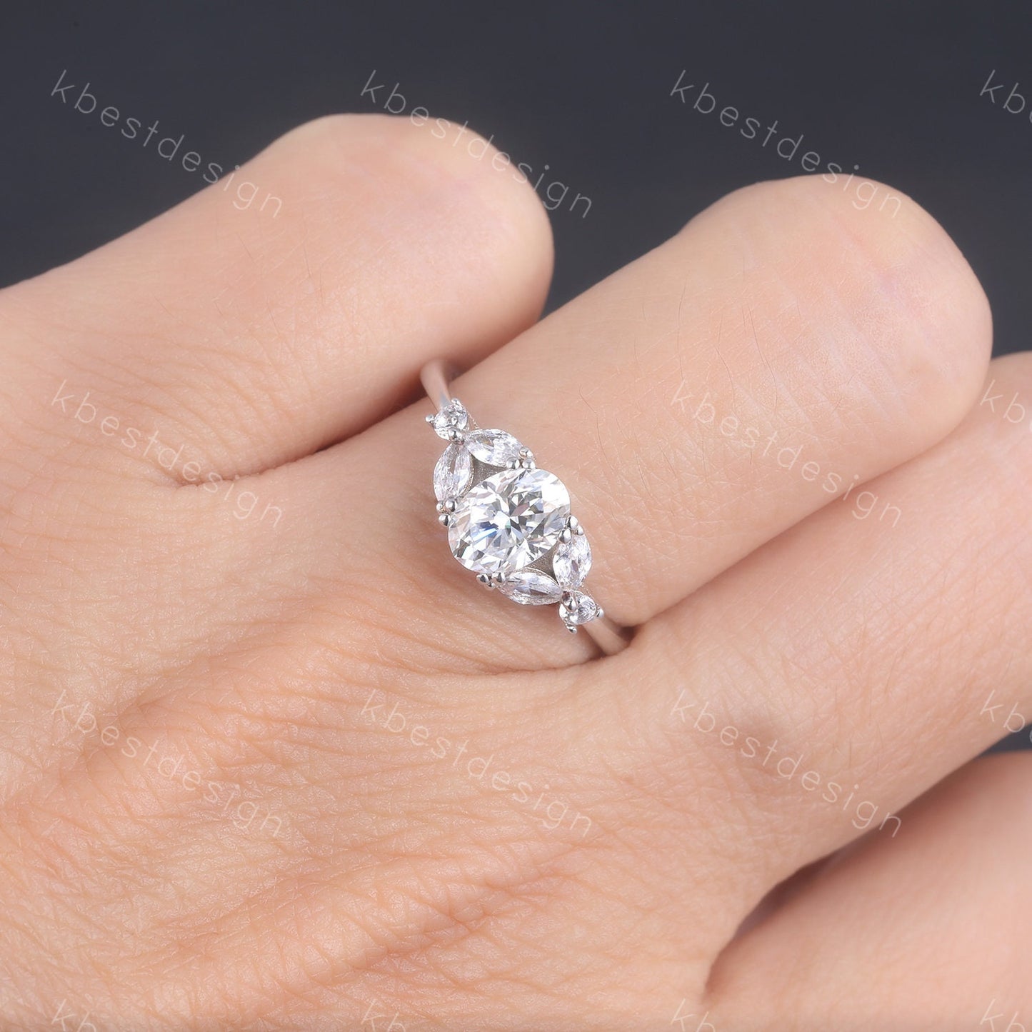 Oval cut Engagement Ring Sterling Silver Simulated Diamond Ring Unique Marquise cut Diamond cluster ring Bridal Promise Ring Gift for Women