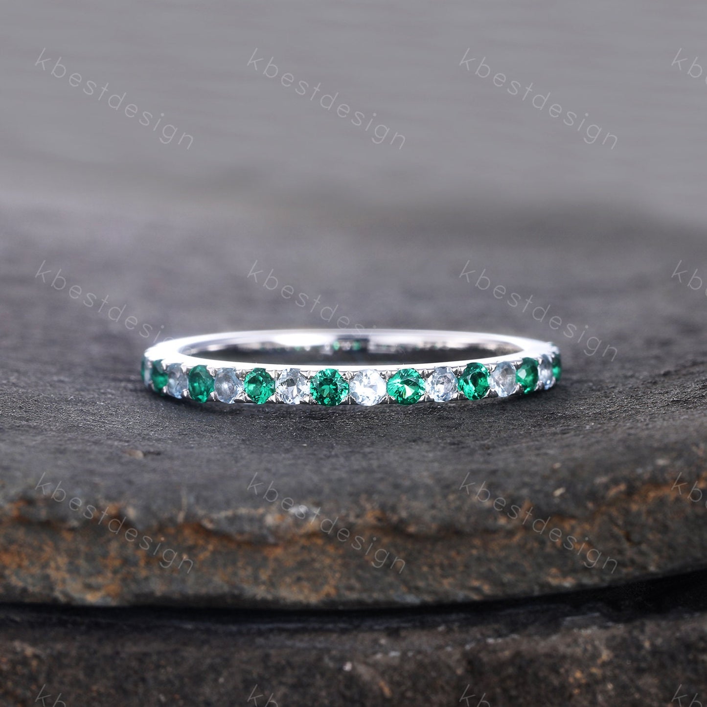 Emerald Aquamarine Wedding Ring Half Eternity Wedding Band May Birthstone Ring Aquamarine Ring Stacking Matching Band Anniversary Gift
