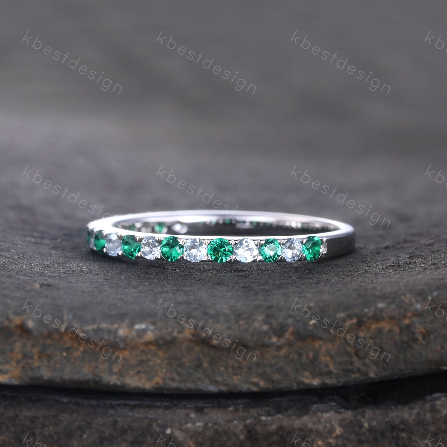 Emerald Aquamarine Wedding Ring Half Eternity Wedding Band May Birthstone Ring Aquamarine Ring Stacking Matching Band Anniversary Gift