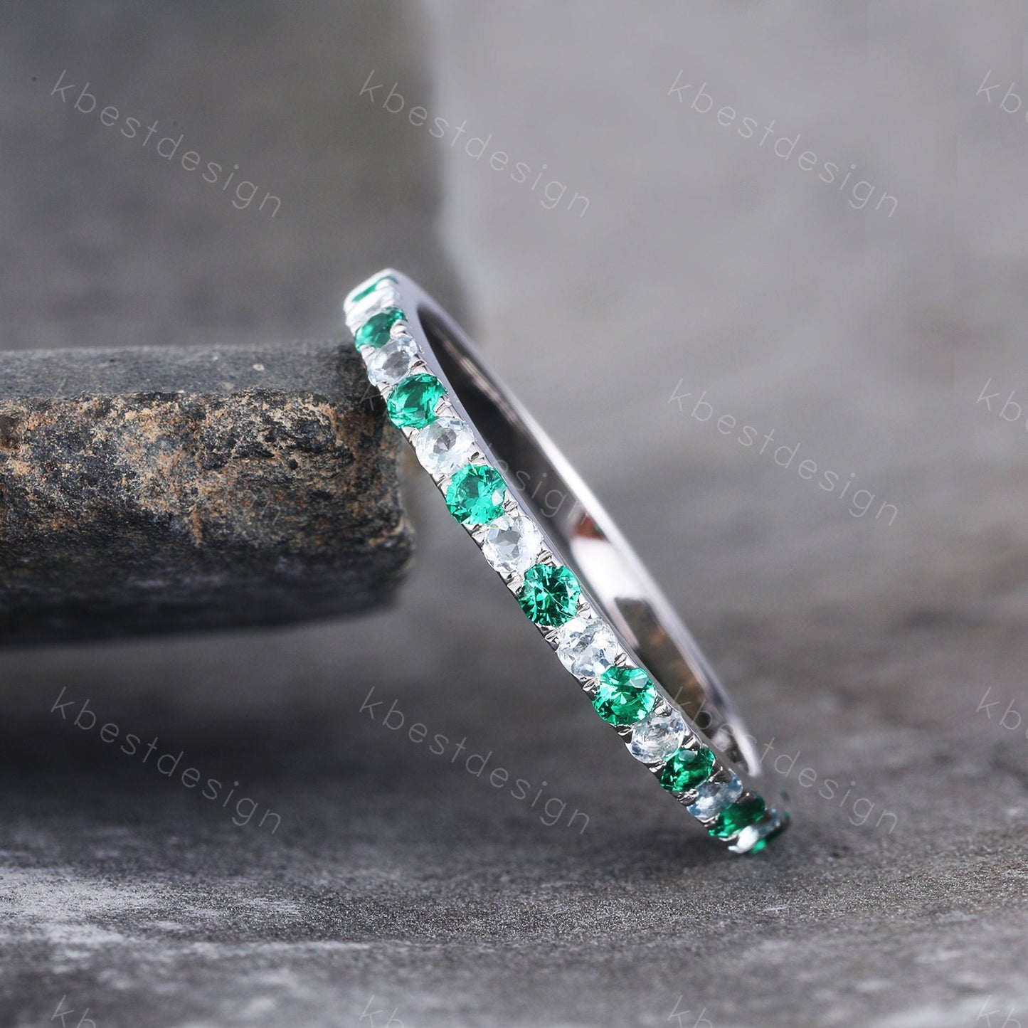 Emerald Aquamarine Wedding Ring Half Eternity Wedding Band May Birthstone Ring Aquamarine Ring Stacking Matching Band Anniversary Gift
