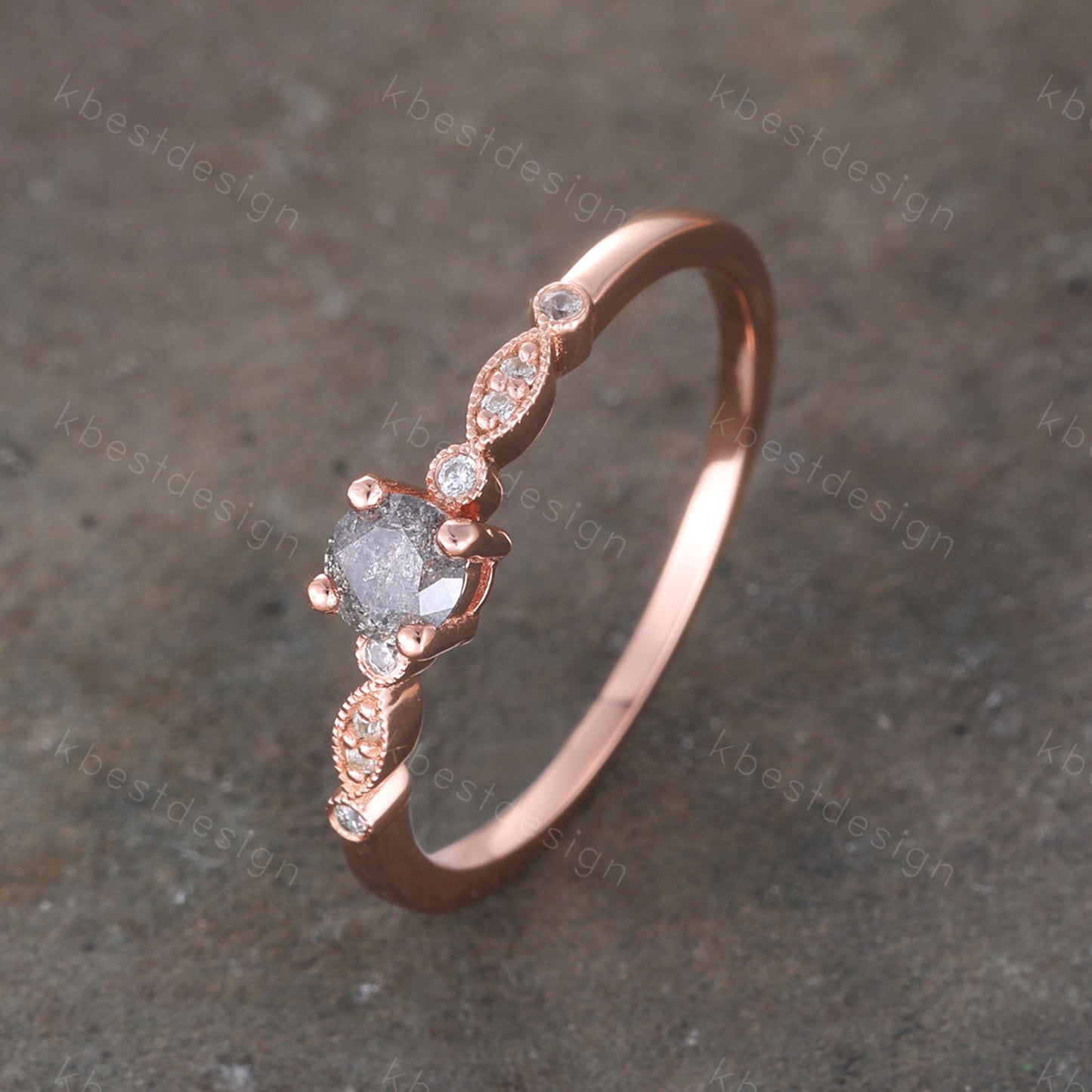 Dainty Salt and Pepper Diamond Engagement Ring Rose Gold Wedding Ring Delicate Engagement Ring Art Deco Wedding Ring Anniversary Ring