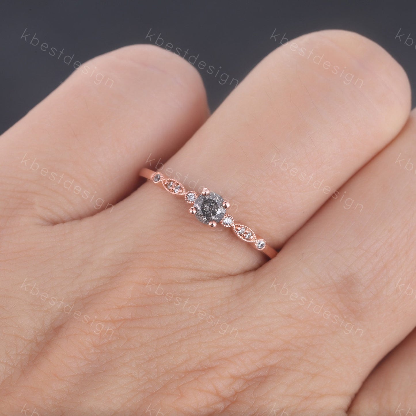 Dainty Salt and Pepper Diamond Engagement Ring Rose Gold Wedding Ring Delicate Engagement Ring Art Deco Wedding Ring Anniversary Ring