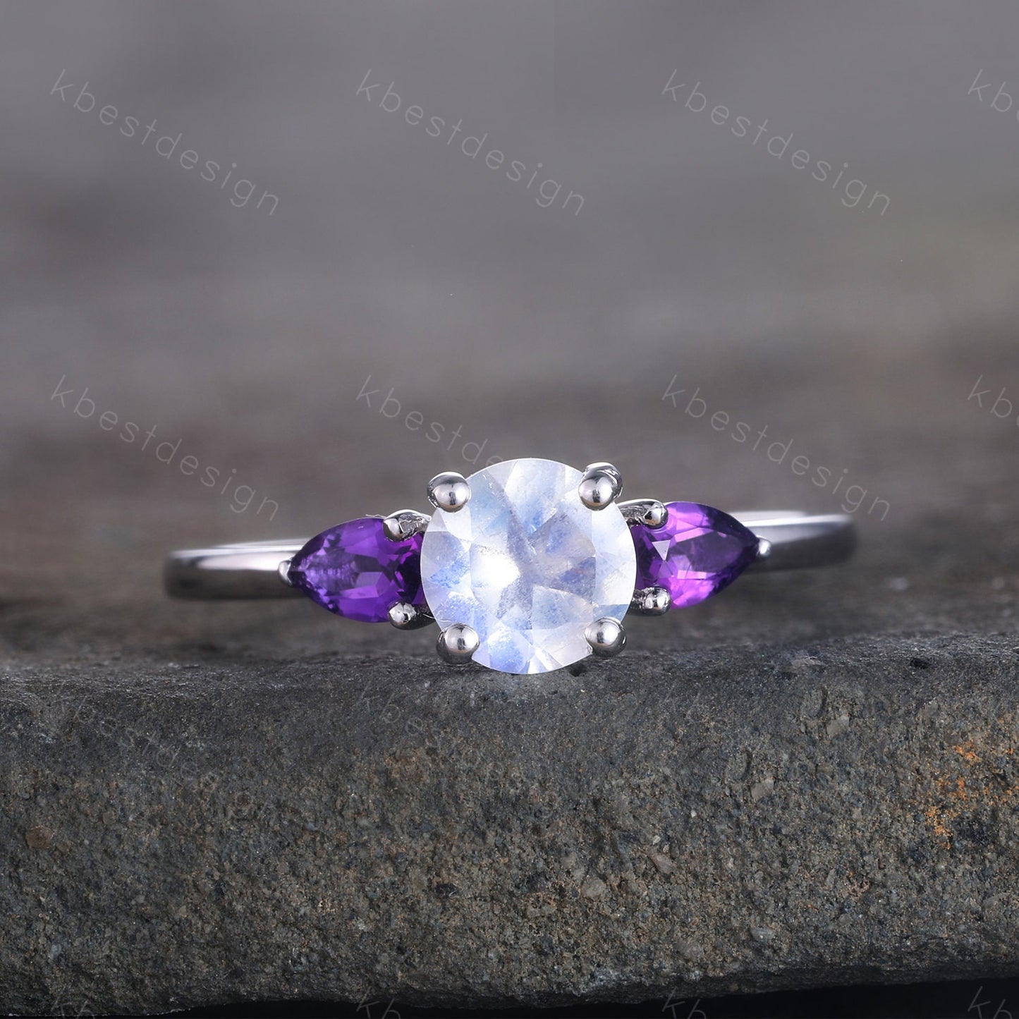 Rainbow Moonstone Ring, 925 Sterling Silver Ring, Pear Shaped Amethyst Ring, Three Stone Design, Engagement Ring, June Birthstone Ring