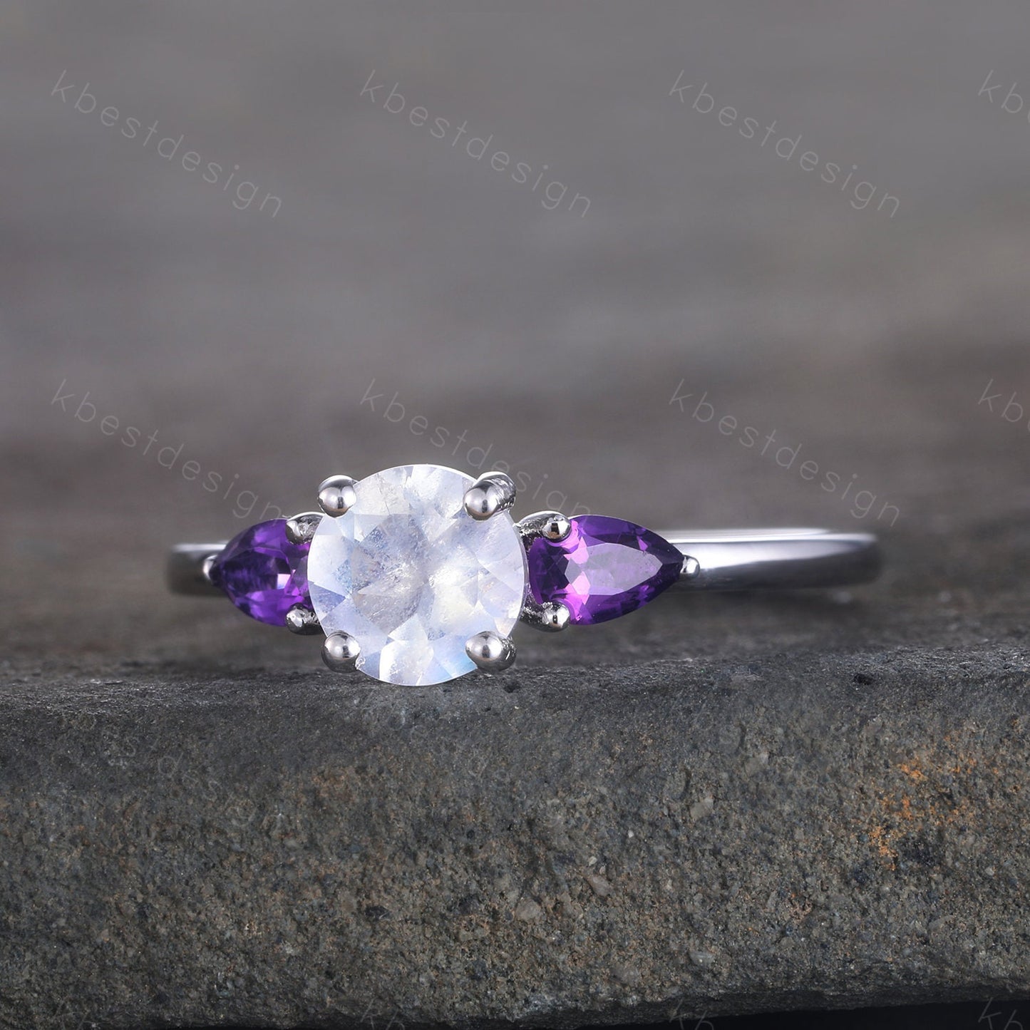 Rainbow Moonstone Ring, 925 Sterling Silver Ring, Pear Shaped Amethyst Ring, Three Stone Design, Engagement Ring, June Birthstone Ring