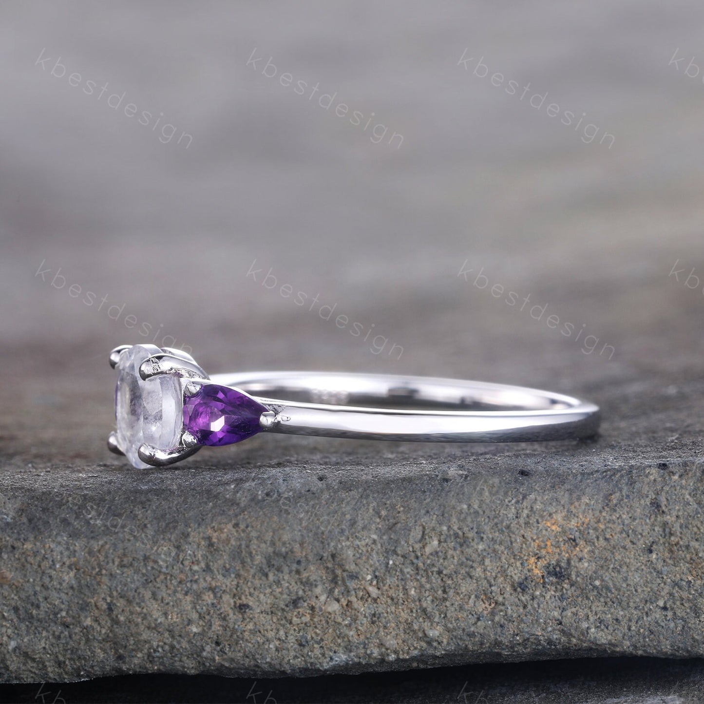 Rainbow Moonstone Ring, 925 Sterling Silver Ring, Pear Shaped Amethyst Ring, Three Stone Design, Engagement Ring, June Birthstone Ring