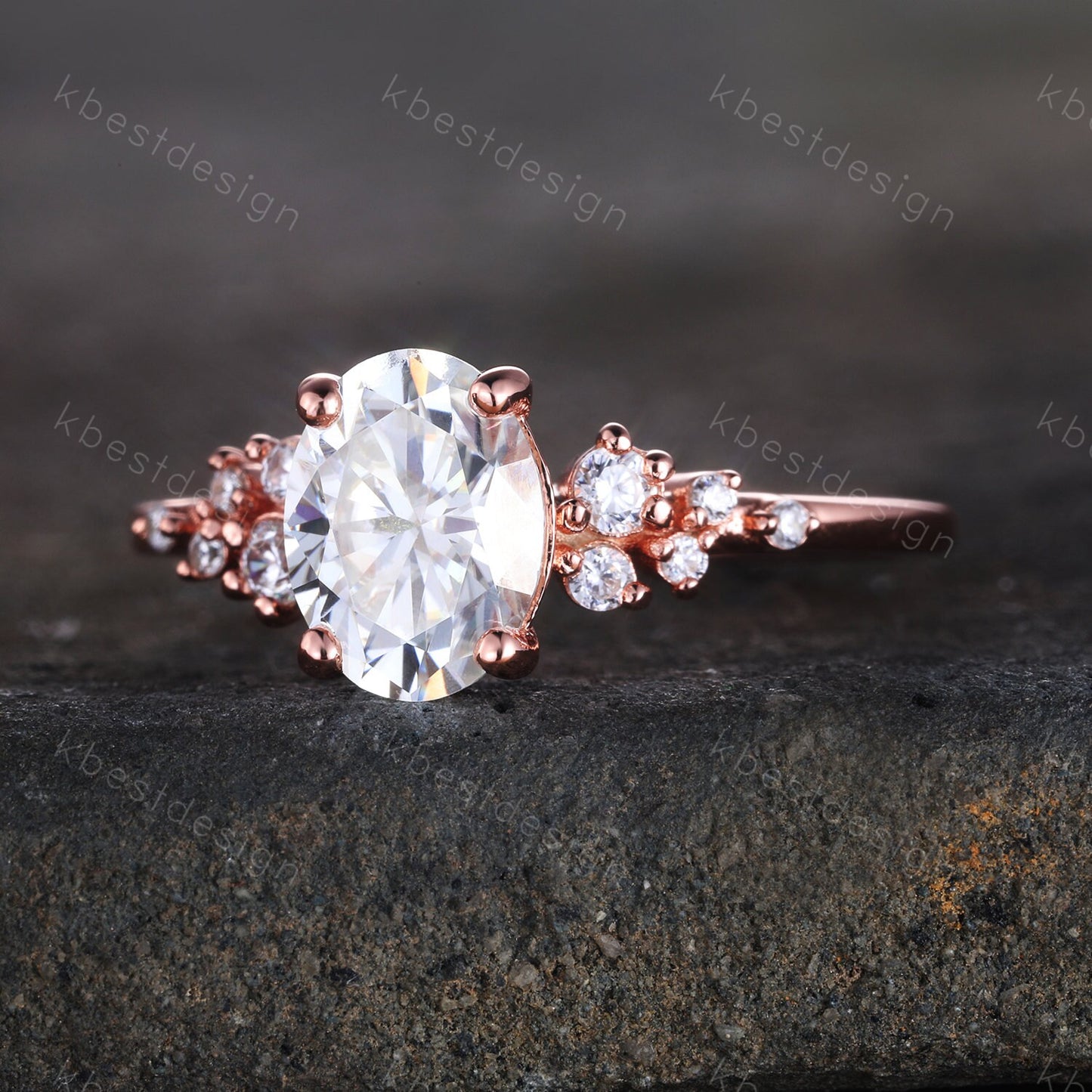 14K Solid Gold Ring/ 1.5CT Oval Simulated Diamond Wedding Ring/ Unique Cluster Rin/ Anniversary Ring/ Promise Ring/ Rose Gold