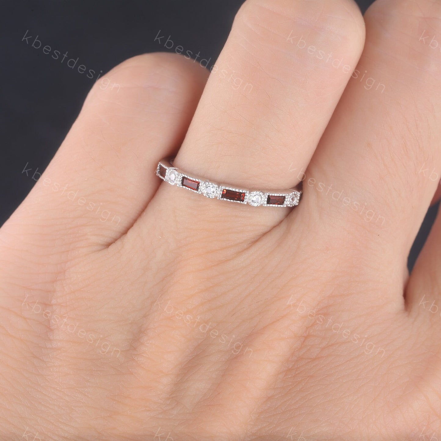 Garnet Ring, Baguette Garnet Wedding Band, Art Deco Half Eternity Band, January Birthstone Ring, Gemstone Band, Anniversary Gift, Sliver