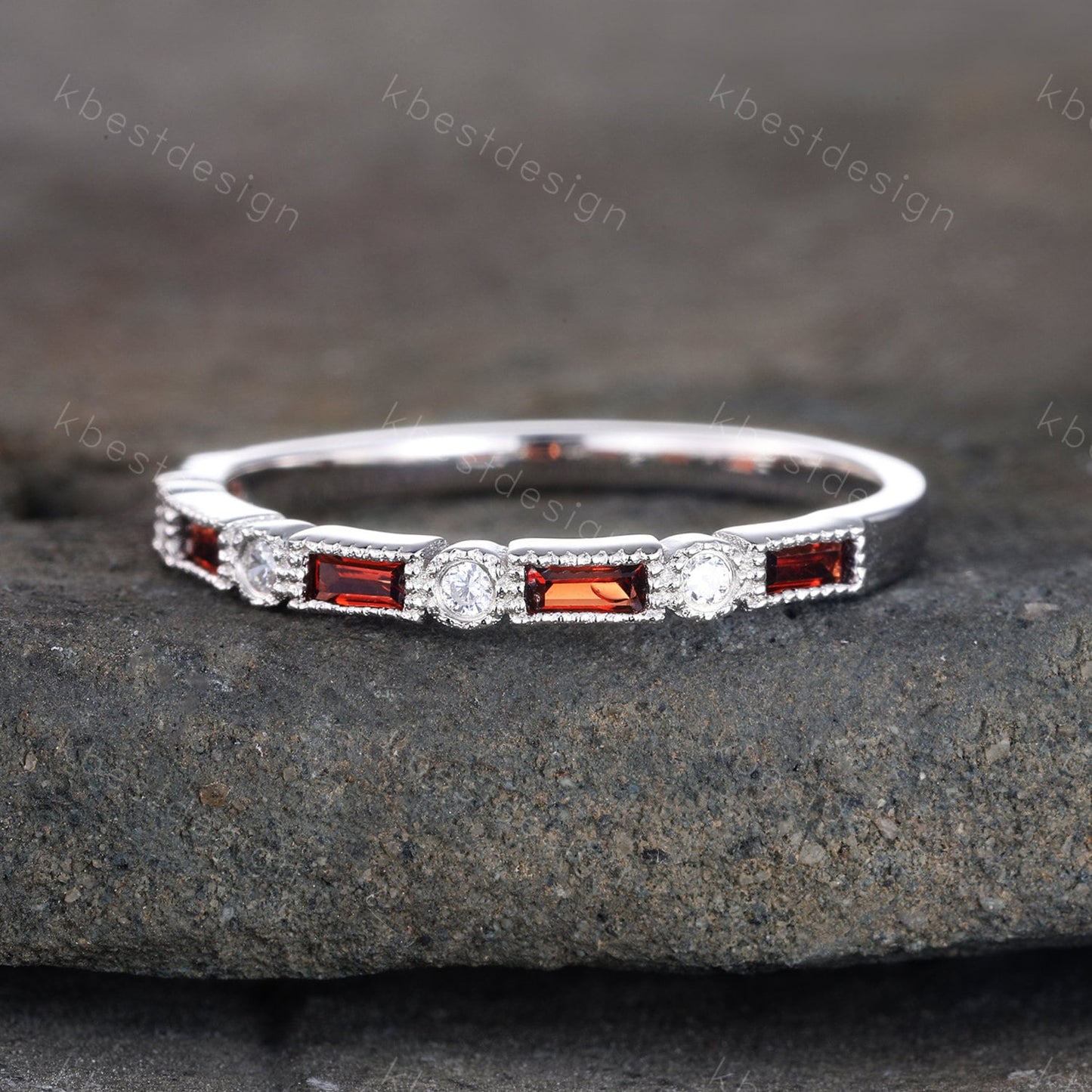 Garnet Ring, Baguette Garnet Wedding Band, Art Deco Half Eternity Band, January Birthstone Ring, Gemstone Band, Anniversary Gift, Sliver