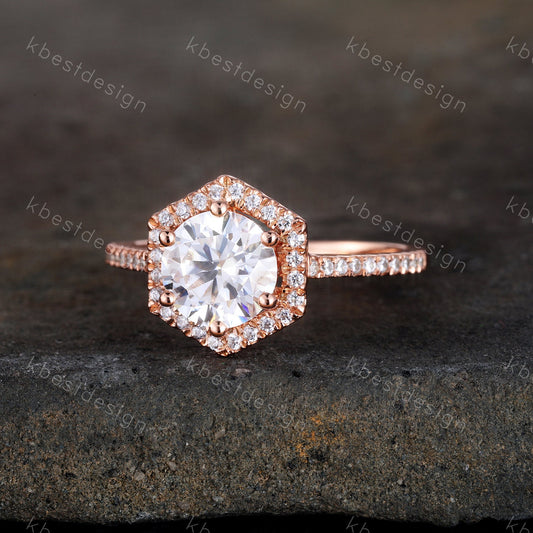 1.25 Carat Round Cut Simulated Diamond Engagement Ring Unique Hexagon Halo Wedding Ring CZ Engagement Ring Promise Ring Anniversary Ring