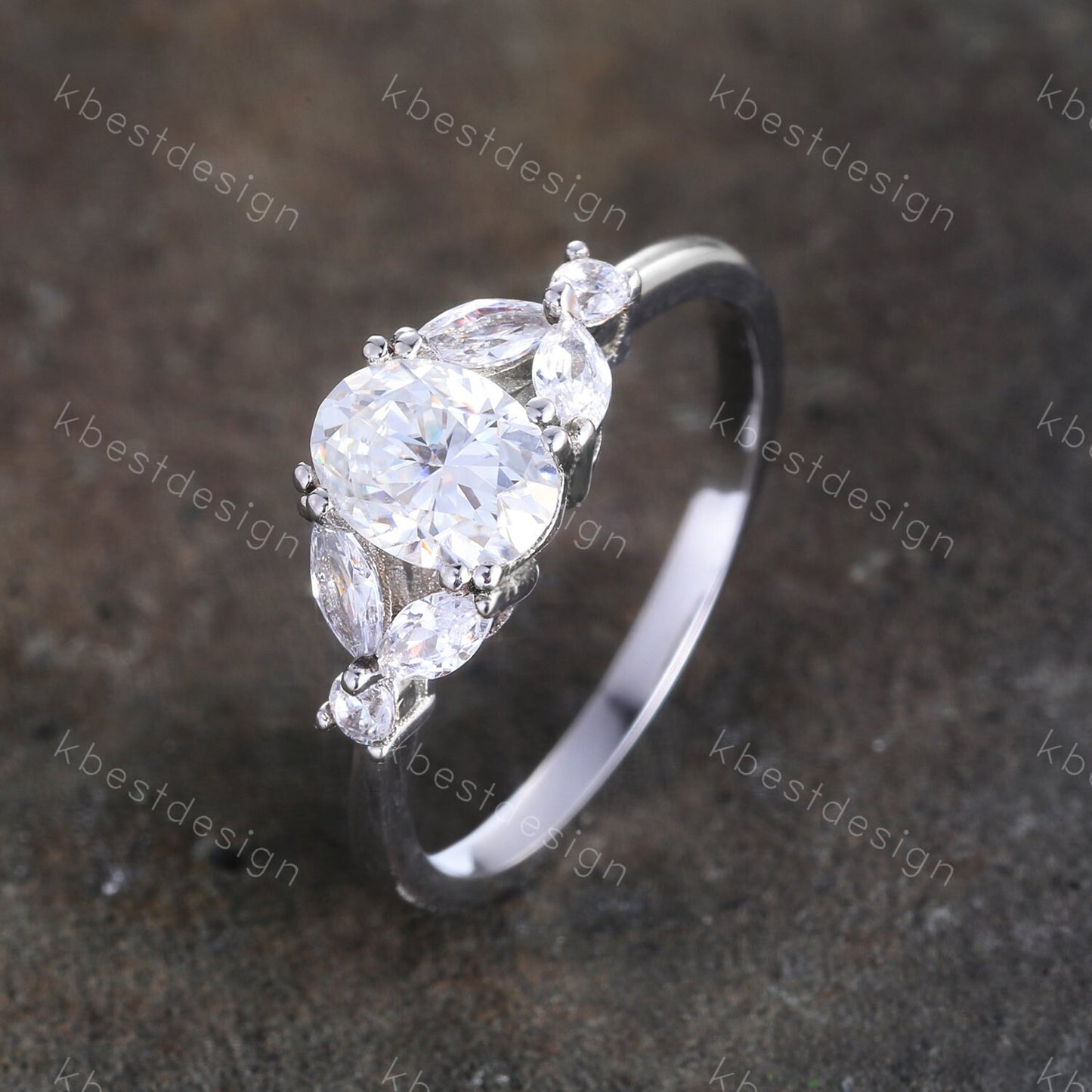Oval cut Engagement Ring Sterling Silver Simulated Diamond Ring Unique Marquise cut Diamond cluster ring Bridal Promise Ring Gift for Women