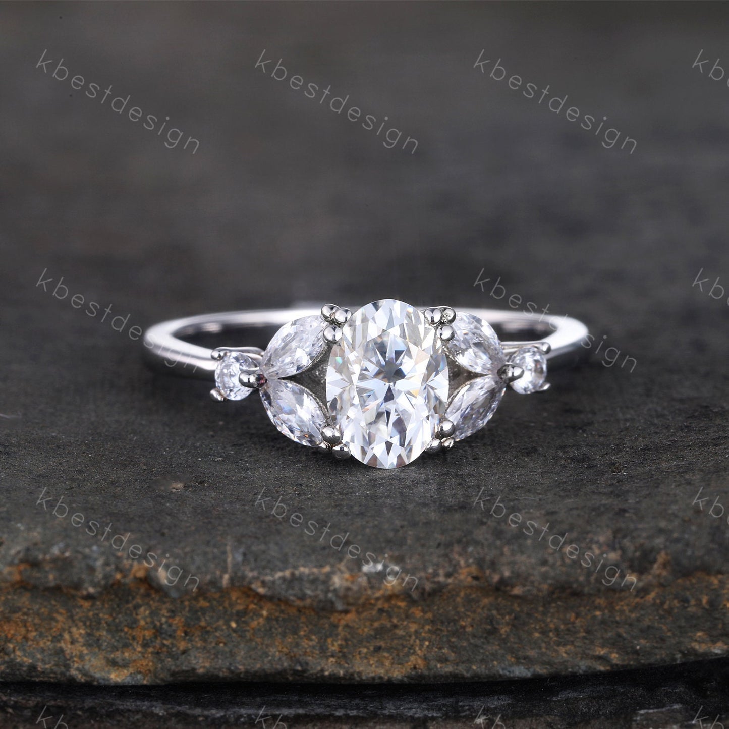 Oval cut Engagement Ring Sterling Silver Simulated Diamond Ring Unique Marquise cut Diamond cluster ring Bridal Promise Ring Gift for Women