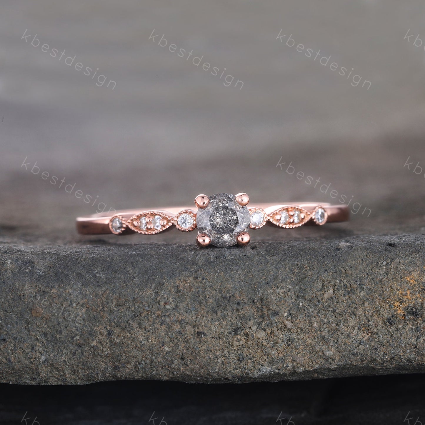 Dainty Salt and Pepper Diamond Engagement Ring Rose Gold Wedding Ring Delicate Engagement Ring Art Deco Wedding Ring Anniversary Ring