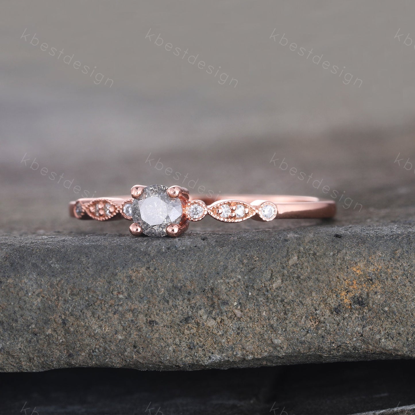 Dainty Salt and Pepper Diamond Engagement Ring Rose Gold Wedding Ring Delicate Engagement Ring Art Deco Wedding Ring Anniversary Ring