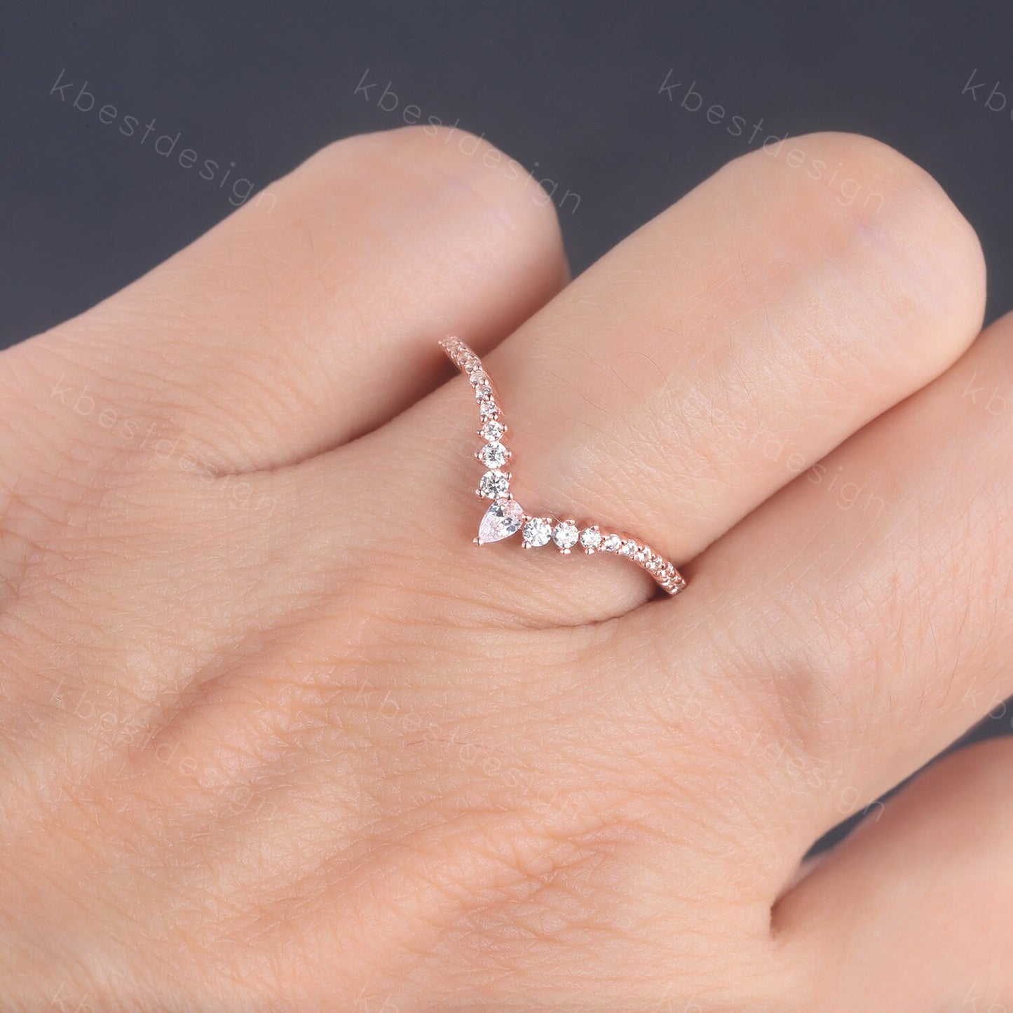 Delicate Chevron Ring Rose Gold Ring for Women Diamond CZ Eternity Stackable Wedding Band Unique Curved Matching Bridal Anniversary Gift