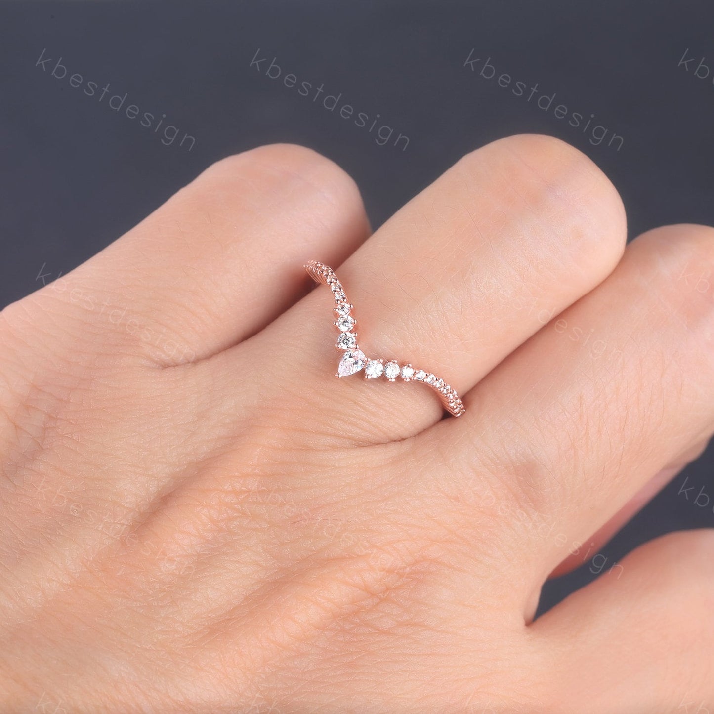 Delicate Chevron Ring Rose Gold Ring for Women Diamond CZ Eternity Stackable Wedding Band Unique Curved Matching Bridal Anniversary Gift