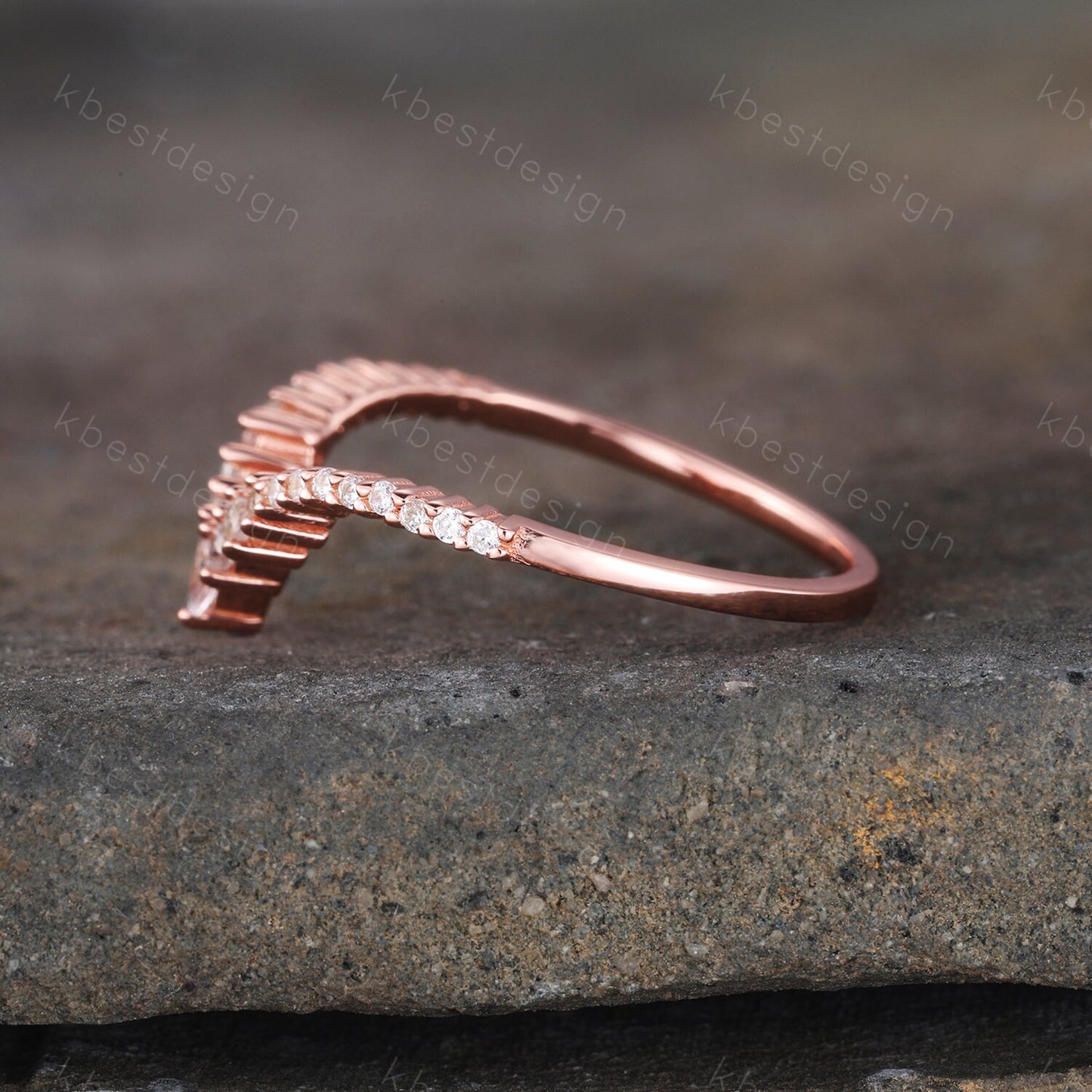 Delicate Chevron Ring Rose Gold Ring for Women Diamond CZ Eternity Stackable Wedding Band Unique Curved Matching Bridal Anniversary Gift