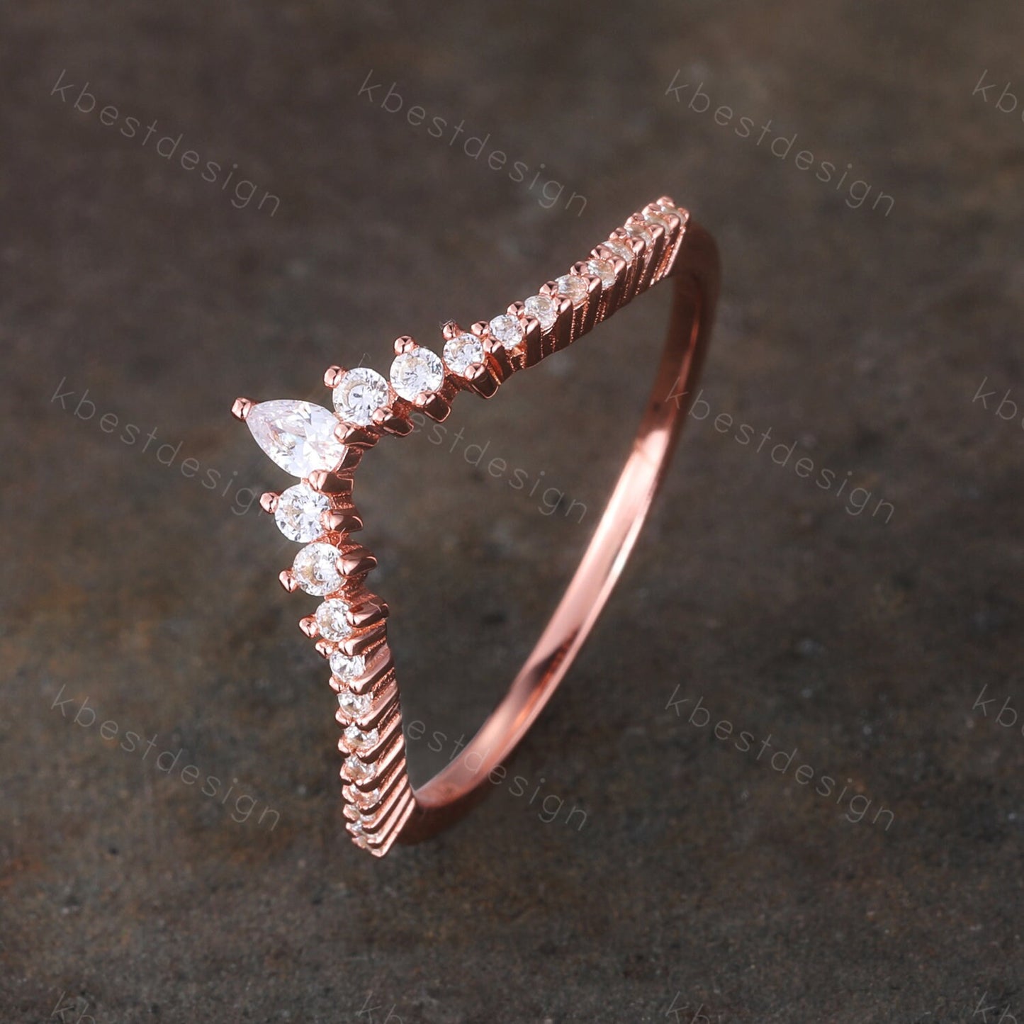 Delicate Chevron Ring Rose Gold Ring for Women Diamond CZ Eternity Stackable Wedding Band Unique Curved Matching Bridal Anniversary Gift