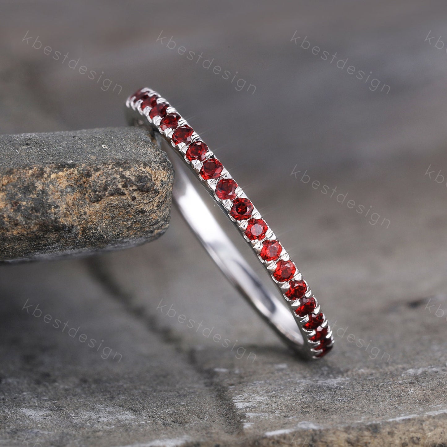 Half Eternity Garnet Ring, Garnet Wedding Ring, January Birthstone Ring, Pave Stacking Band, Gemstone Band, Gift for her, Sterling Silver