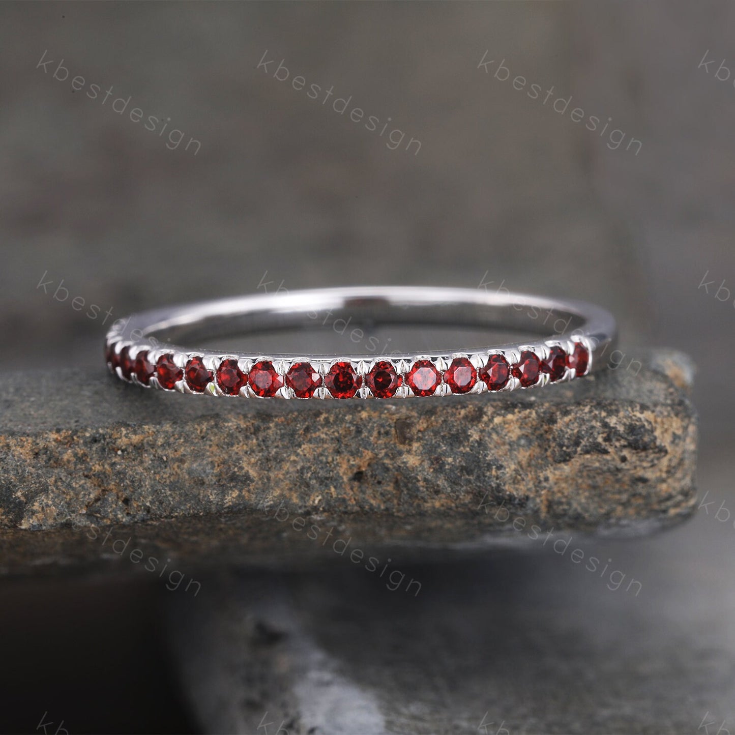 Half Eternity Garnet Ring, Garnet Wedding Ring, January Birthstone Ring, Pave Stacking Band, Gemstone Band, Gift for her, Sterling Silver