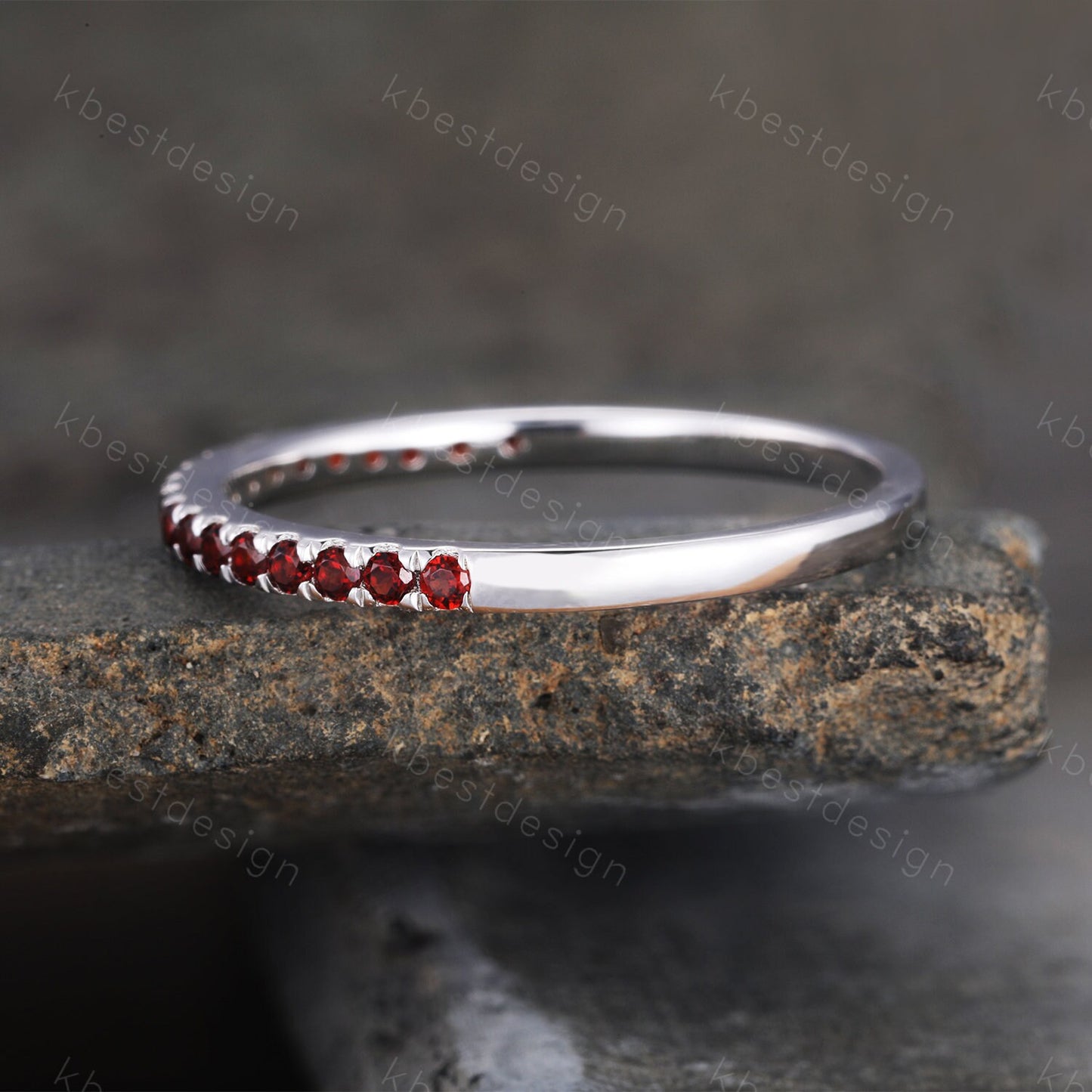 Half Eternity Garnet Ring, Garnet Wedding Ring, January Birthstone Ring, Pave Stacking Band, Gemstone Band, Gift for her, Sterling Silver