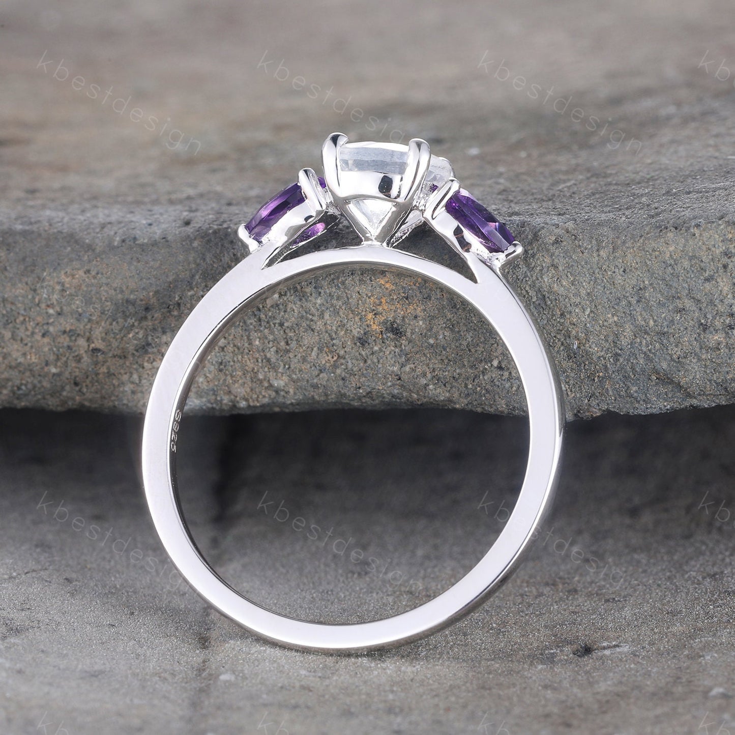 Rainbow Moonstone Ring, 925 Sterling Silver Ring, Pear Shaped Amethyst Ring, Three Stone Design, Engagement Ring, June Birthstone Ring