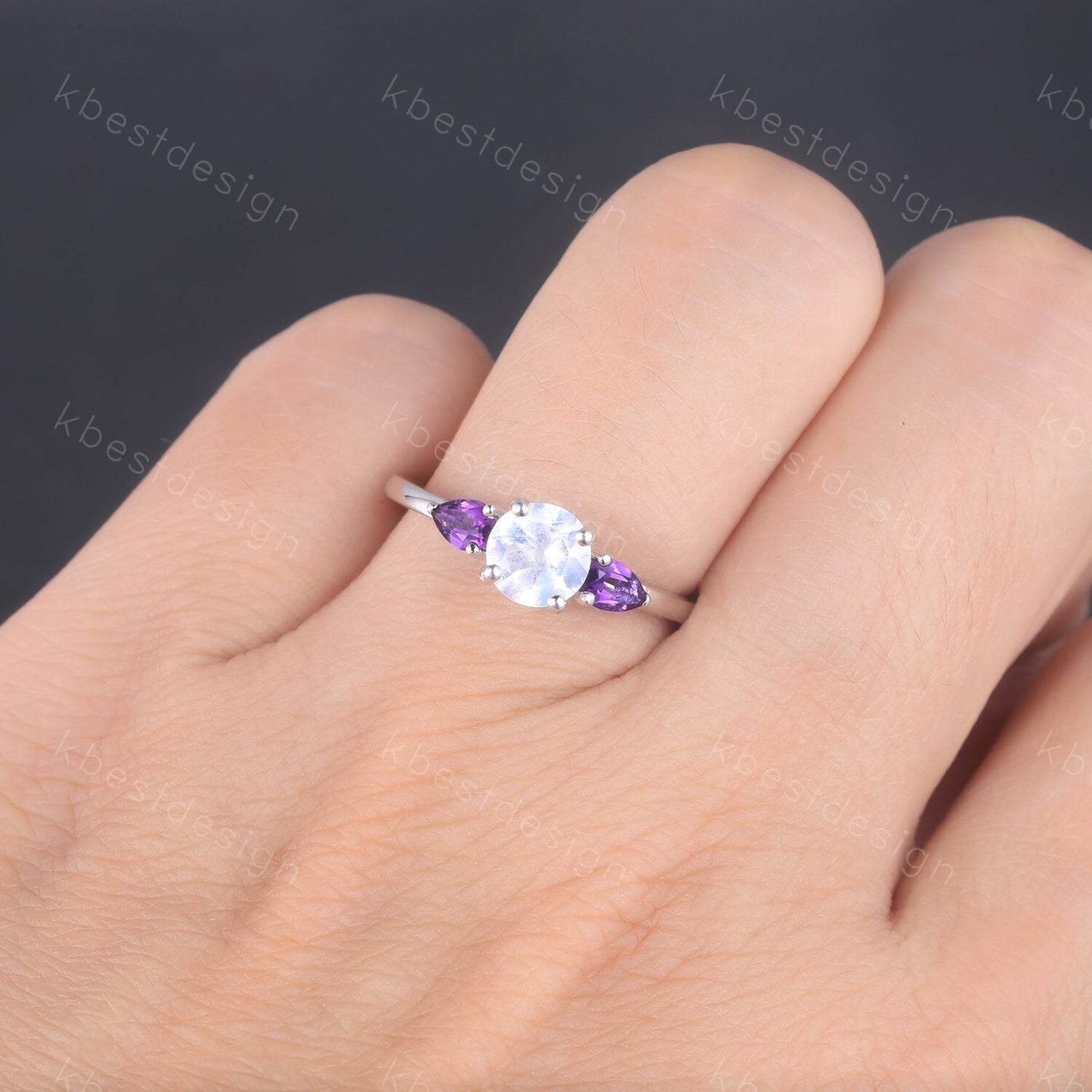 Rainbow Moonstone Ring, 925 Sterling Silver Ring, Pear Shaped Amethyst Ring, Three Stone Design, Engagement Ring, June Birthstone Ring