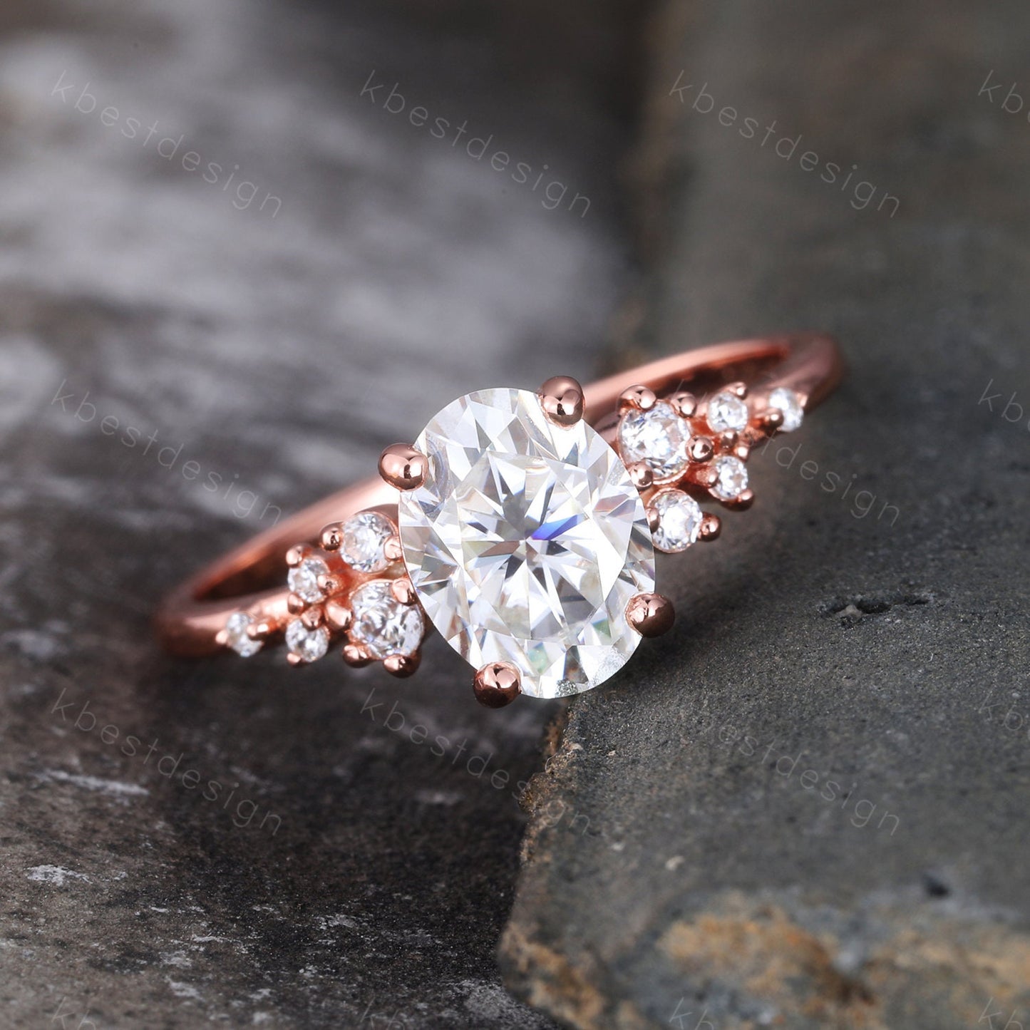 14K Solid Gold Ring/ 1.5CT Oval Simulated Diamond Wedding Ring/ Unique Cluster Rin/ Anniversary Ring/ Promise Ring/ Rose Gold