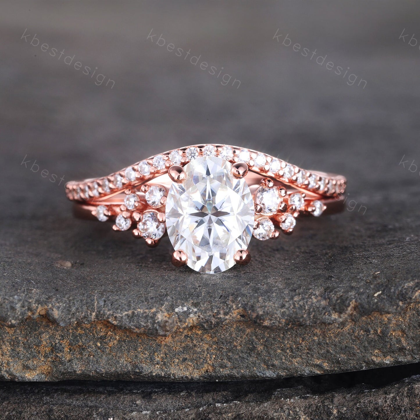 14K Rose Gold Rings/ 1.5CT Oval Simulated Diamond Wedding Ring/ Diamond Bridal Set Ring/ Anniversary Gift/ CZ Engagement Ring