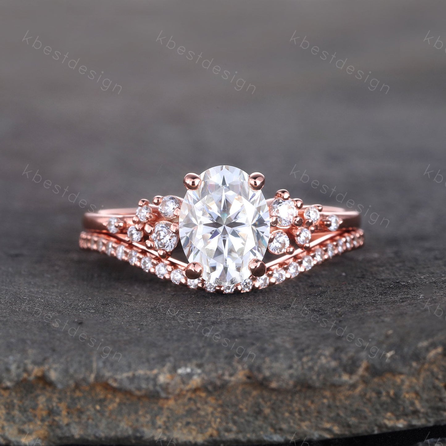 14K Rose Gold Rings/ 1.5CT Oval Simulated Diamond Wedding Ring/ Diamond Bridal Set Ring/ Anniversary Gift/ CZ Engagement Ring