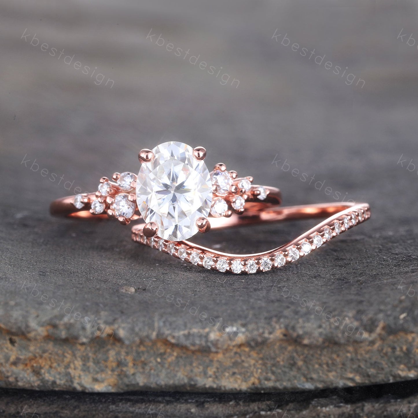14K Rose Gold Rings/ 1.5CT Oval Simulated Diamond Wedding Ring/ Diamond Bridal Set Ring/ Anniversary Gift/ CZ Engagement Ring