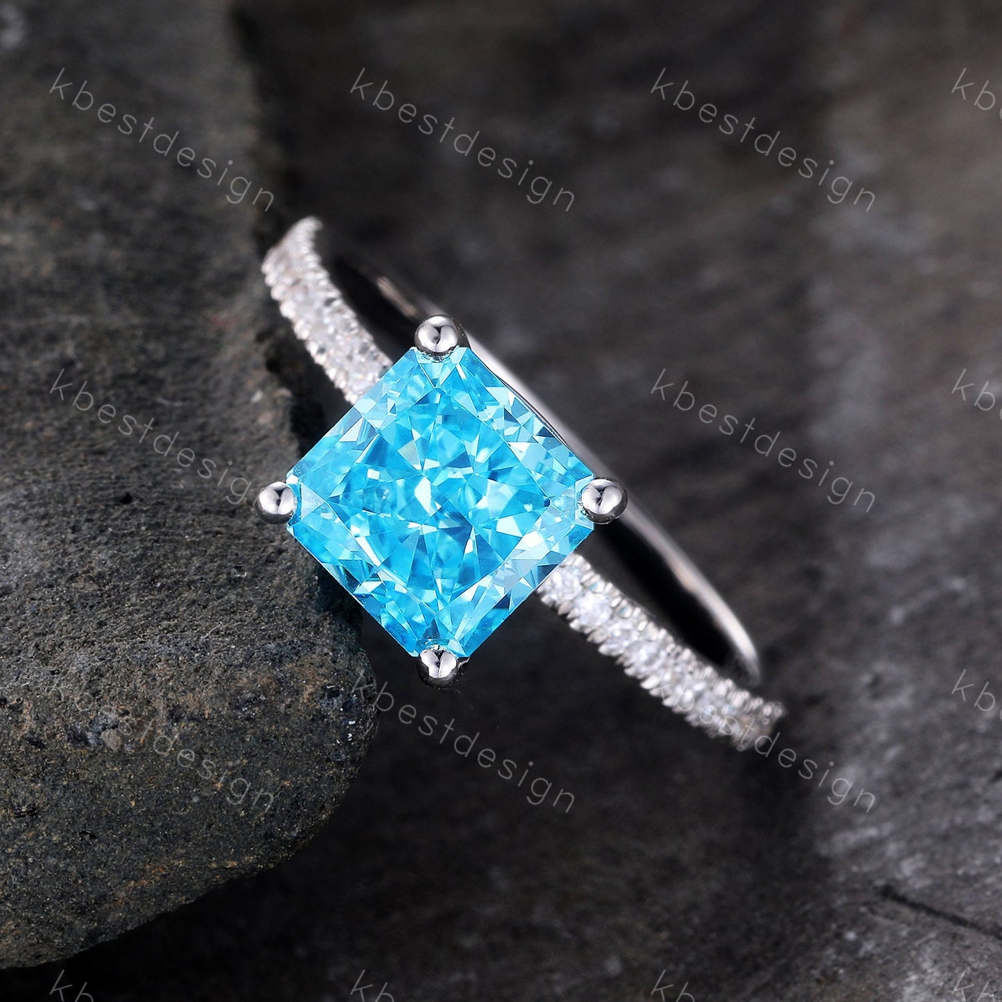 1.8ct Emerald Cut Engagement Ring, Sterling Silver Ring, Square Cut Ring, Blue CZ Diamond Ring, Emerald Cut Promise Ring, Blue Gemstone Ring