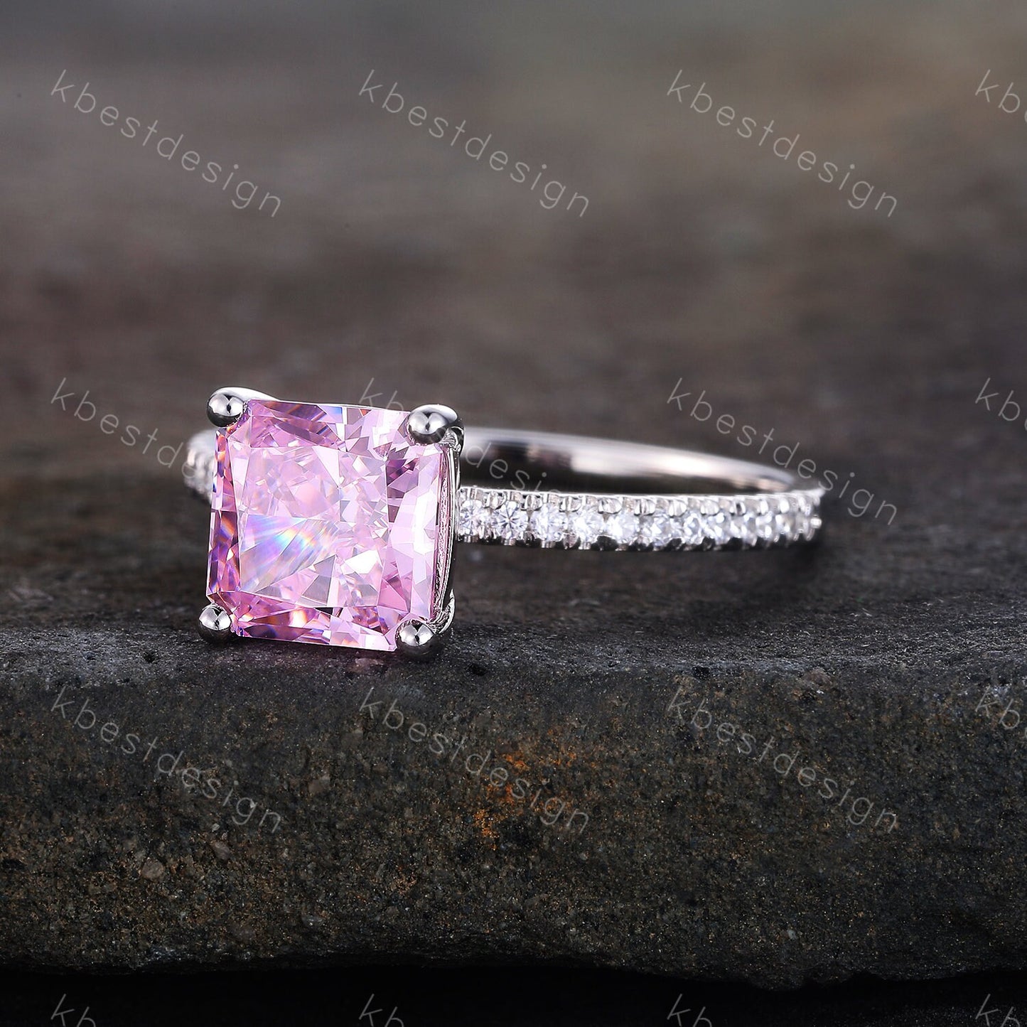 Simulated Pink Diamond Ring, Sterling Silver Ring, Engagement Ring, Square Cut Ring, Pink CZ Wedding Ring, Promise Ring, Anniversary Gift