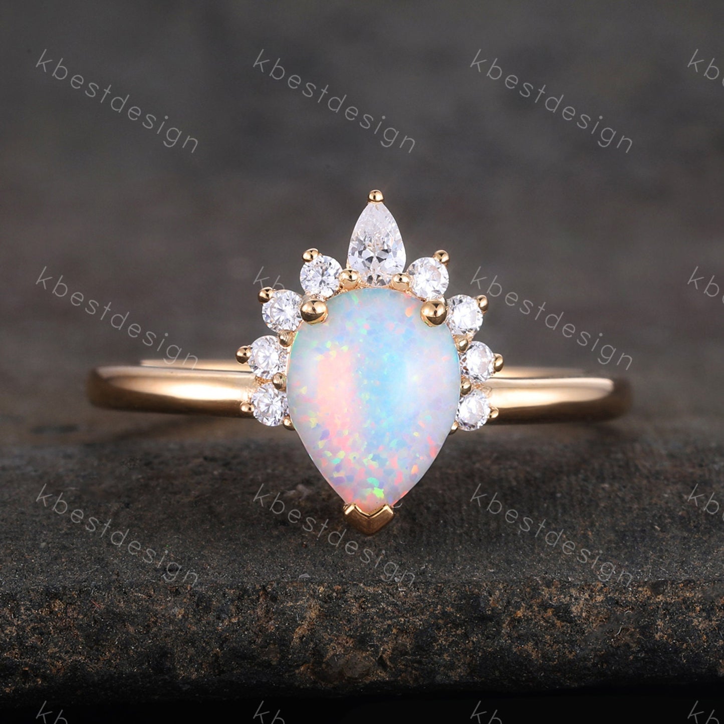 White Opal Ring, Pear Shaped Opal Engagement Ring, Yellow Gold Ring for Women, Opal Solitaire Ring, Unique Bridal Wedding Ring, Promise