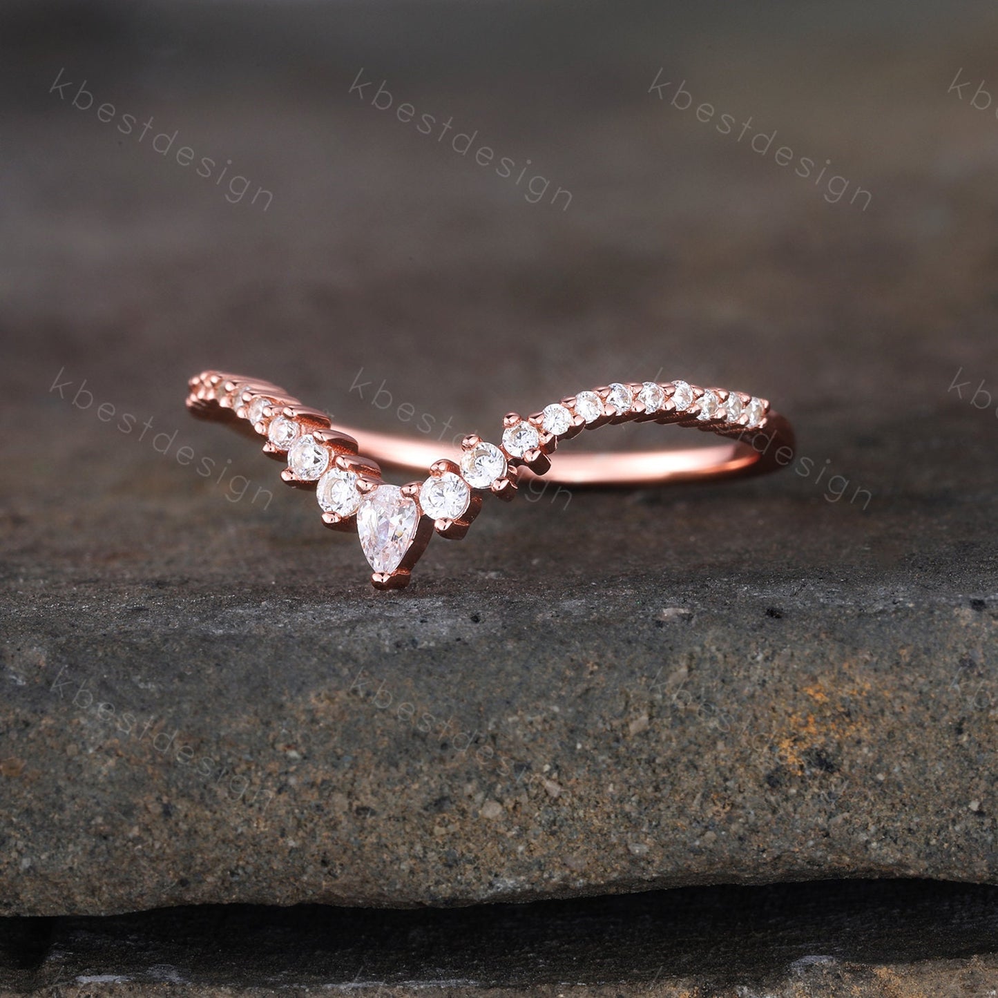 Delicate Chevron Ring Rose Gold Ring for Women Diamond CZ Eternity Stackable Wedding Band Unique Curved Matching Bridal Anniversary Gift