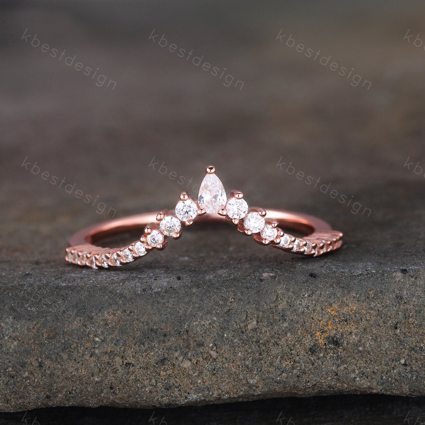 Delicate Chevron Ring Rose Gold Ring for Women Diamond CZ Eternity Stackable Wedding Band Unique Curved Matching Bridal Anniversary Gift