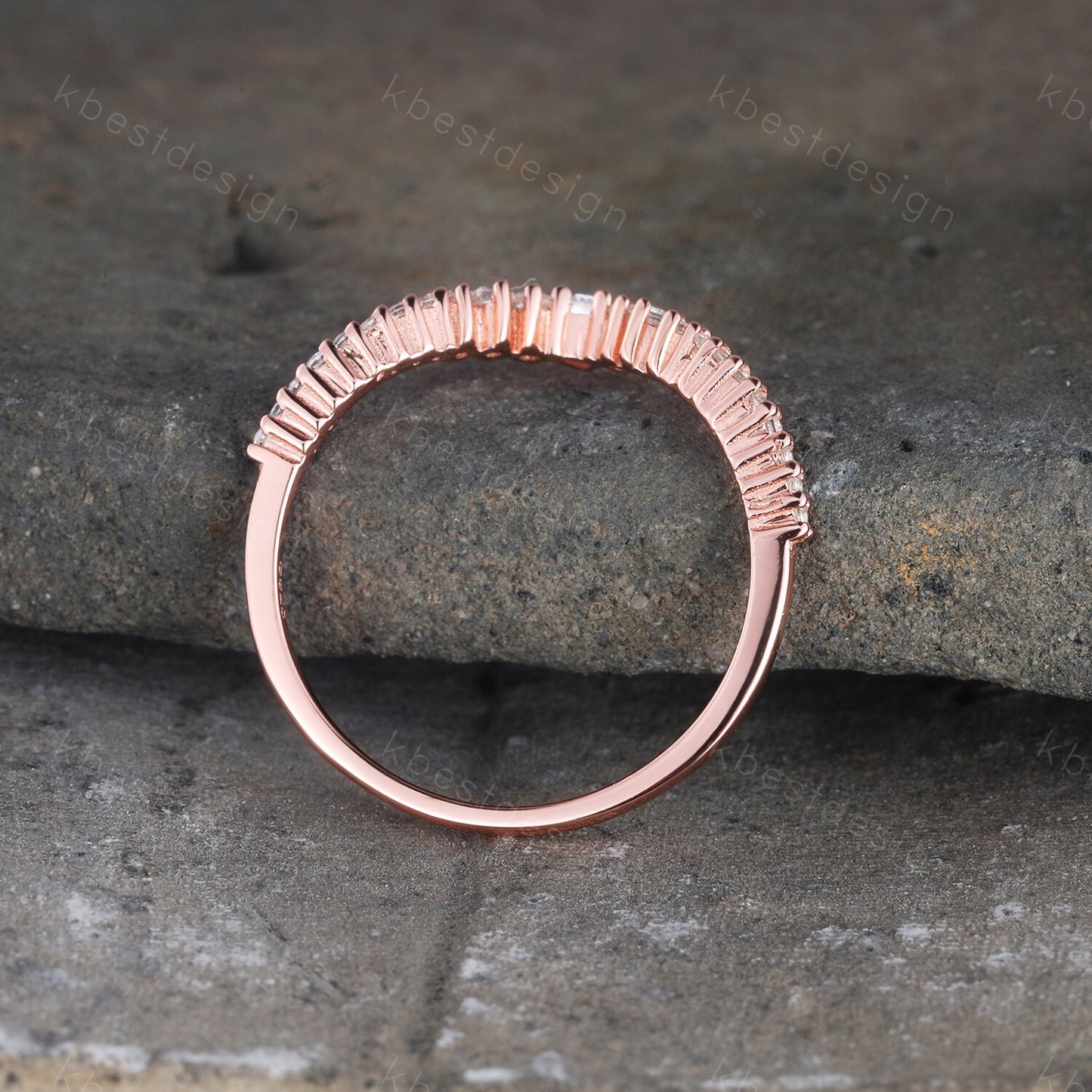 Delicate Chevron Ring Rose Gold Ring for Women Diamond CZ Eternity Stackable Wedding Band Unique Curved Matching Bridal Anniversary Gift