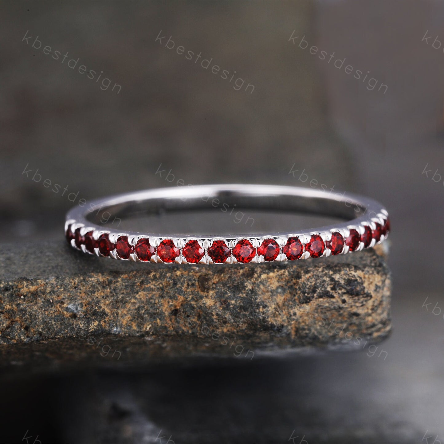 Half Eternity Garnet Ring, Garnet Wedding Ring, January Birthstone Ring, Pave Stacking Band, Gemstone Band, Gift for her, Sterling Silver