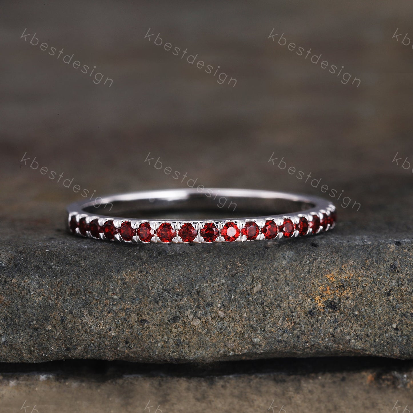 Half Eternity Garnet Ring, Garnet Wedding Ring, January Birthstone Ring, Pave Stacking Band, Gemstone Band, Gift for her, Sterling Silver