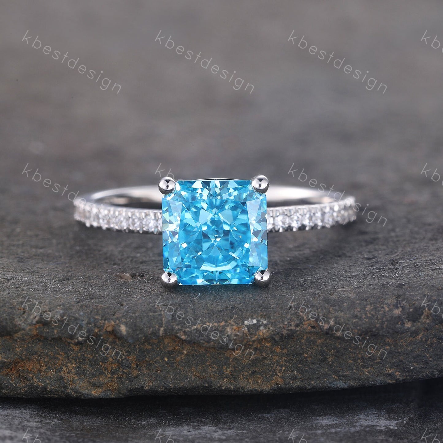 1.8ct Emerald Cut Engagement Ring, Sterling Silver Ring, Square Cut Ring, Blue CZ Diamond Ring, Emerald Cut Promise Ring, Blue Gemstone Ring