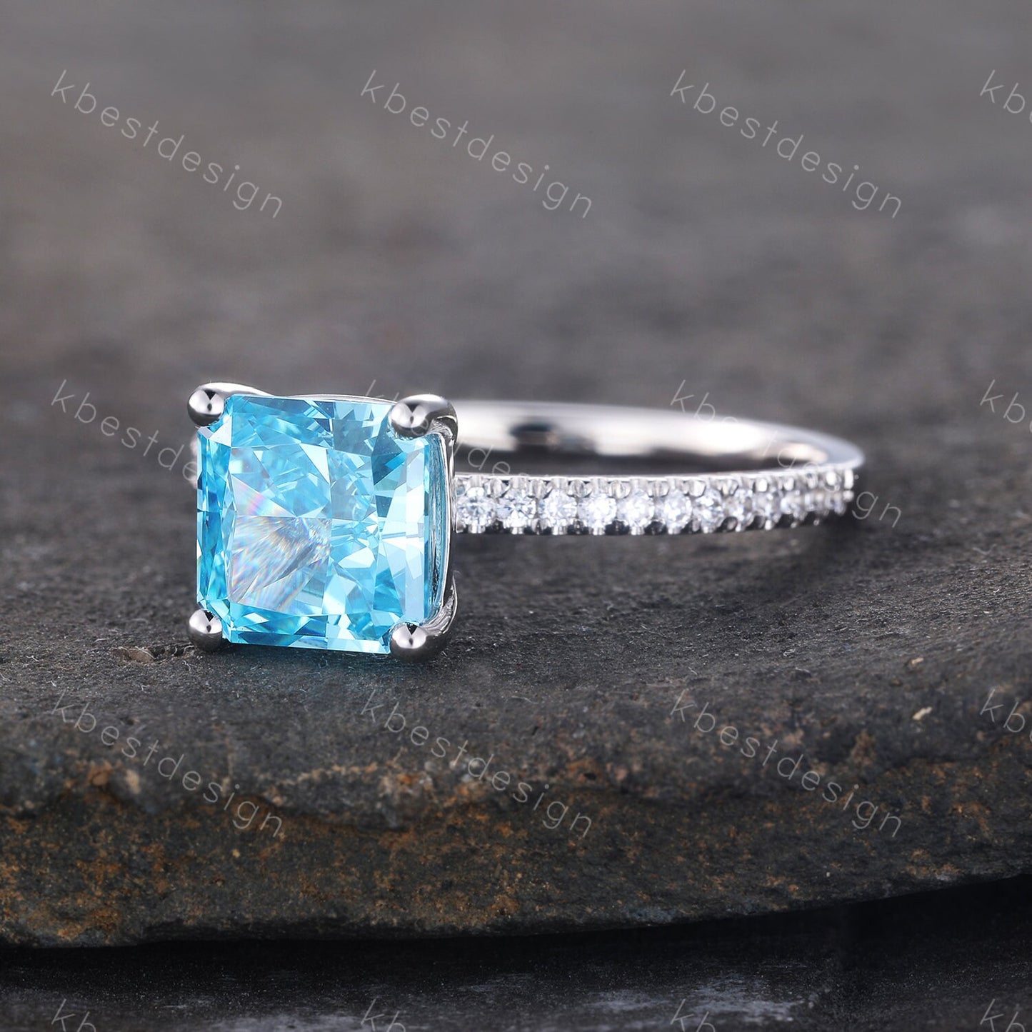 1.8ct Emerald Cut Engagement Ring, Sterling Silver Ring, Square Cut Ring, Blue CZ Diamond Ring, Emerald Cut Promise Ring, Blue Gemstone Ring
