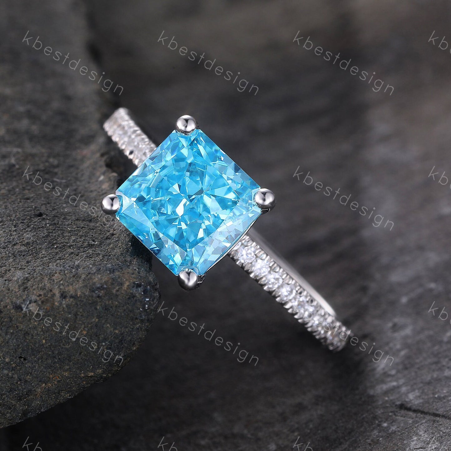 1.8ct Emerald Cut Engagement Ring, Sterling Silver Ring, Square Cut Ring, Blue CZ Diamond Ring, Emerald Cut Promise Ring, Blue Gemstone Ring